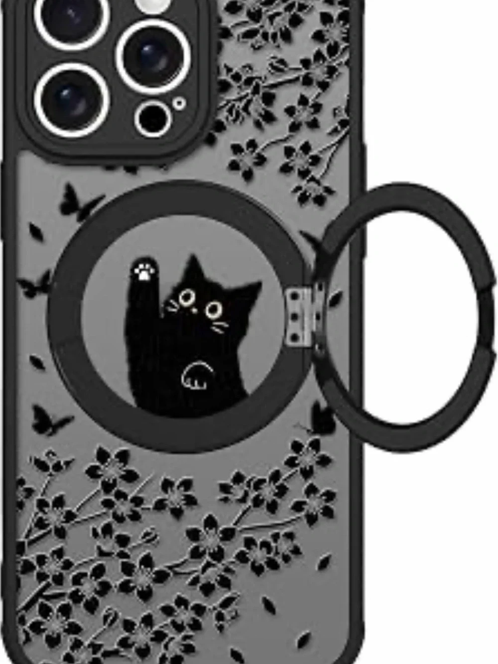 Black Cat Floral iPhone 13 Pro Case with Ring Grip